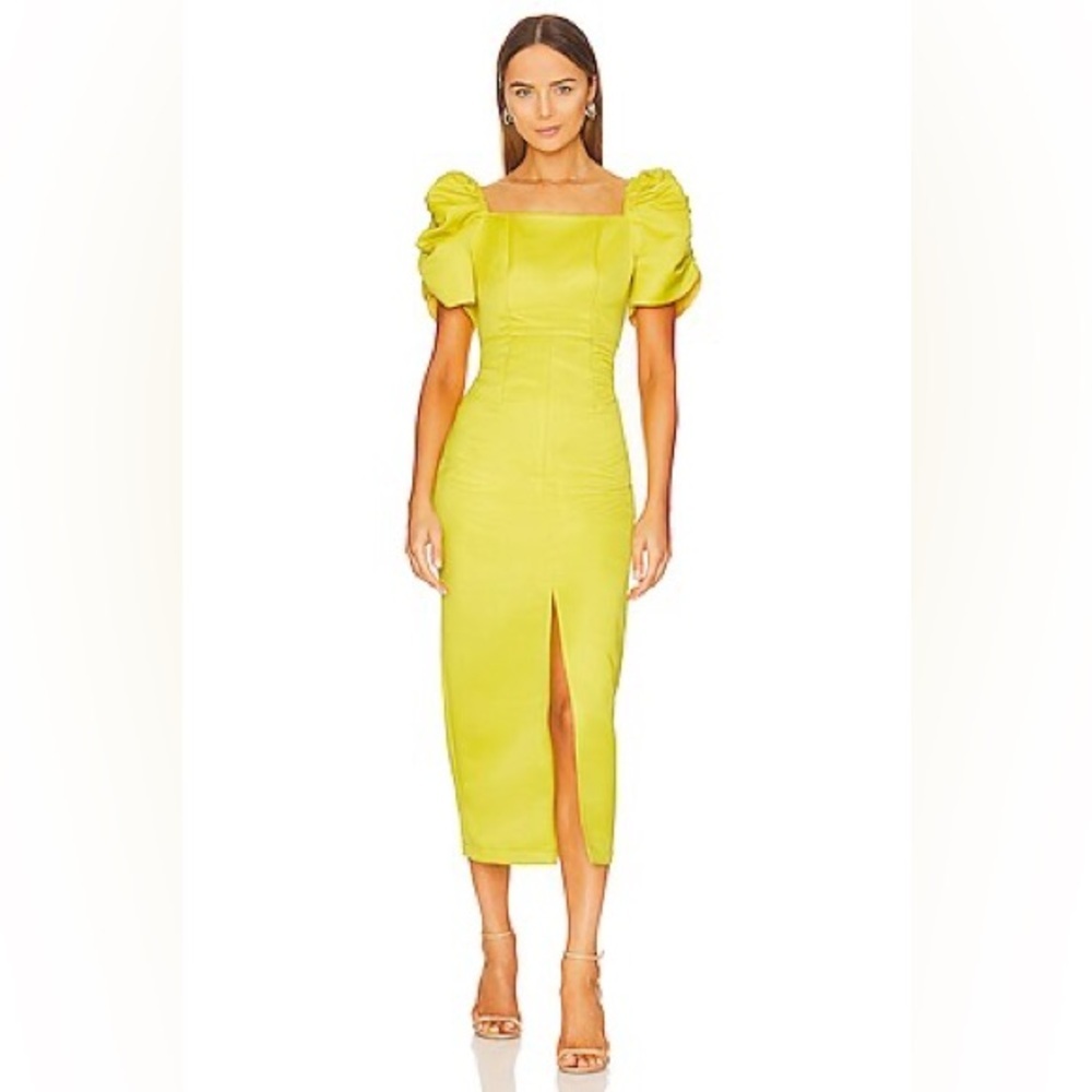 Revolve Yaura Tara Midi Dress Neon Yellow Women’s Size 2 Small Puff Sleeve NWT